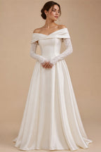 Ivory Minimalist Modest Mermaid Beaded Satin Wedding Dress  Sweep Train ZP031