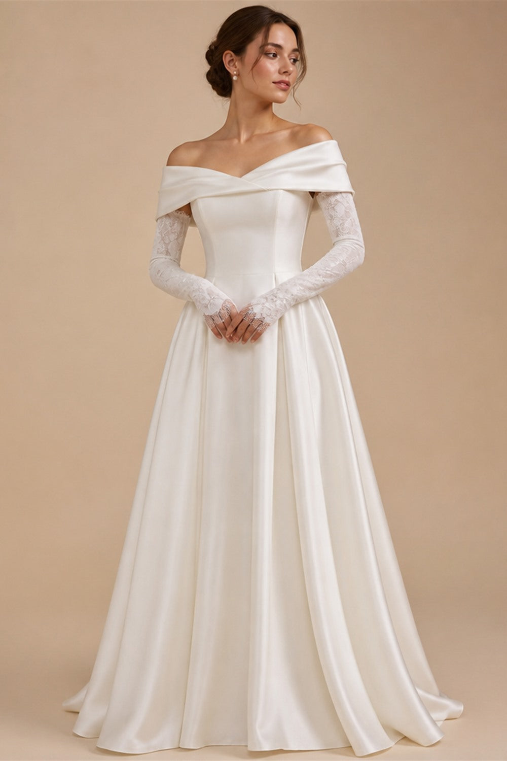Ivory Minimalist Modest Mermaid Beaded Satin Wedding Dress  Sweep Train ZP031