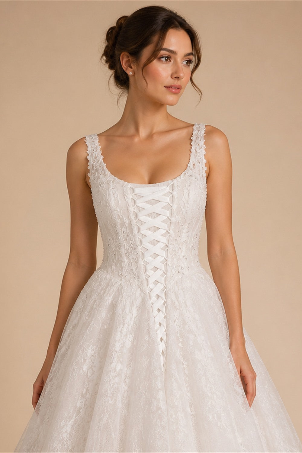 White Lace Spaghetti Strap Bridal Gown Square Neck Beaded Corset Ball Gown ZP012