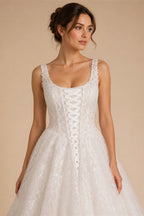 White Lace Spaghetti Strap Bridal Gown Square Neck Beaded Corset Ball Gown ZP012