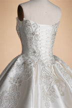 White Satin Strapless Ball Gown Wedding Dress with Luxurious Beaded Lace and Cathedral Train ZP016