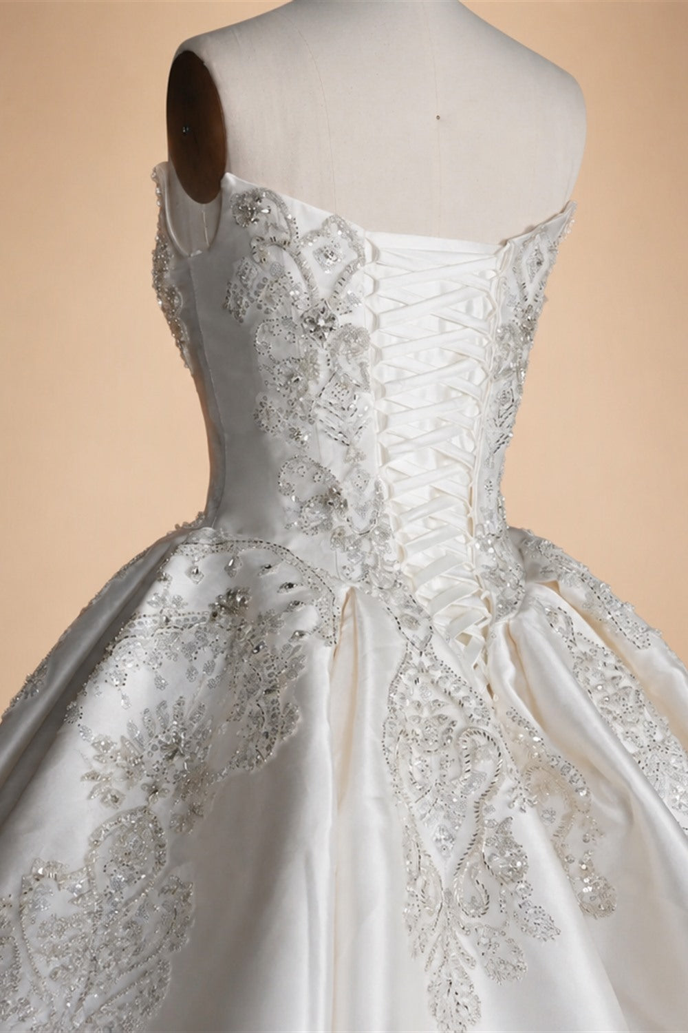 White Satin Strapless Ball Gown Wedding Dress with Luxurious Beaded Lace and Cathedral Train ZP016