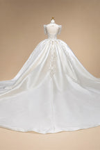 Luxury Satin Ivory Ball Gown with Silver Floral Embroidery Wedding Dress ZP165