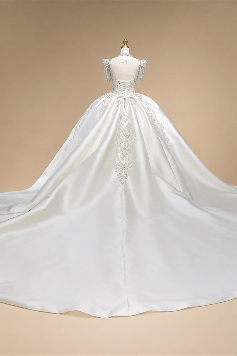 Luxury Satin Ivory Ball Gown with Silver Floral Embroidery Wedding Dress ZP165