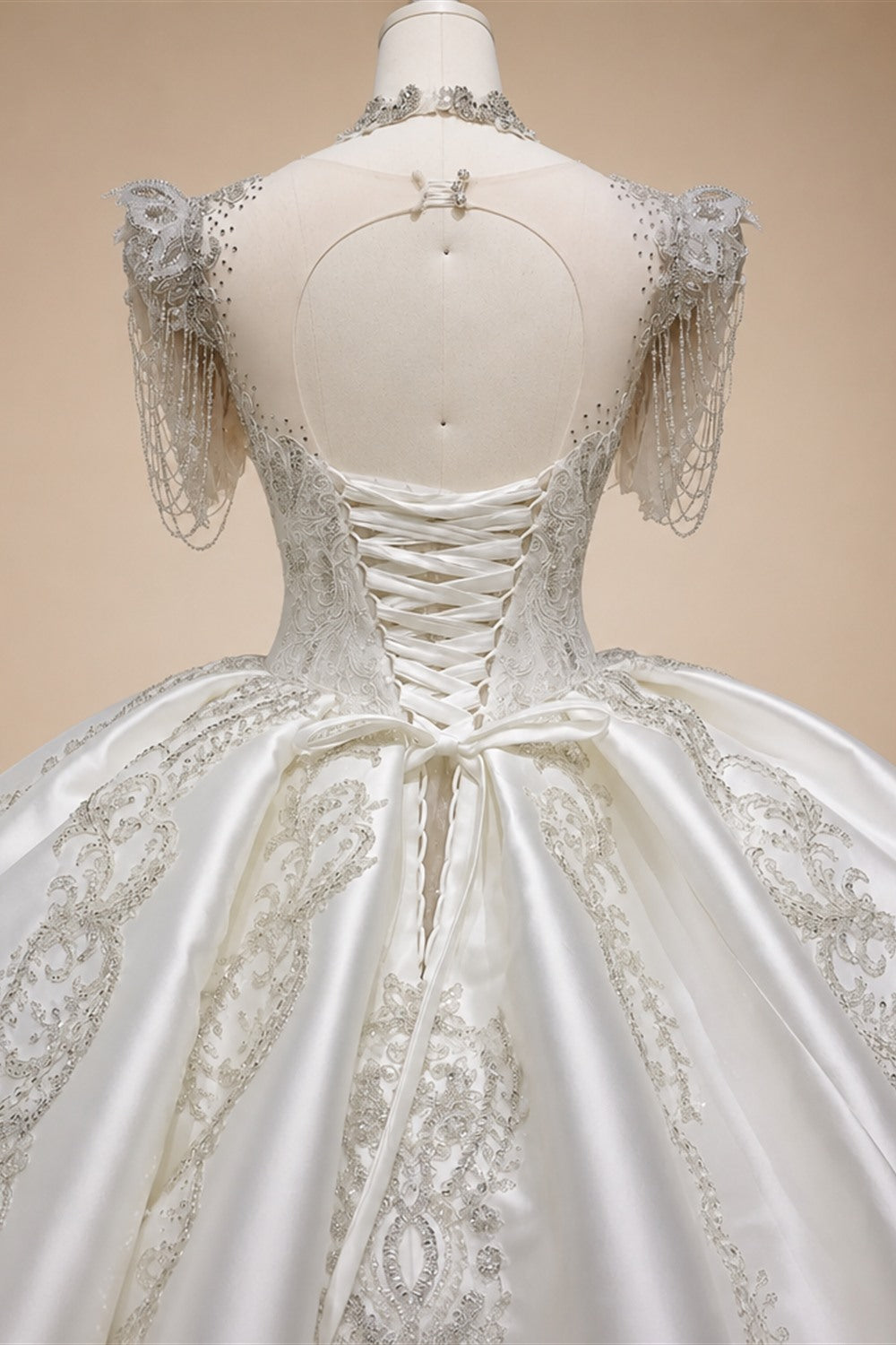 Luxury Satin Ivory Ball Gown with Silver Floral Embroidery Wedding Dress ZP165