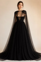 Black Luxury Gothic  Wedding Dress Beaded Tulle Ball Gown With Sheer Beaded Cape ZP028