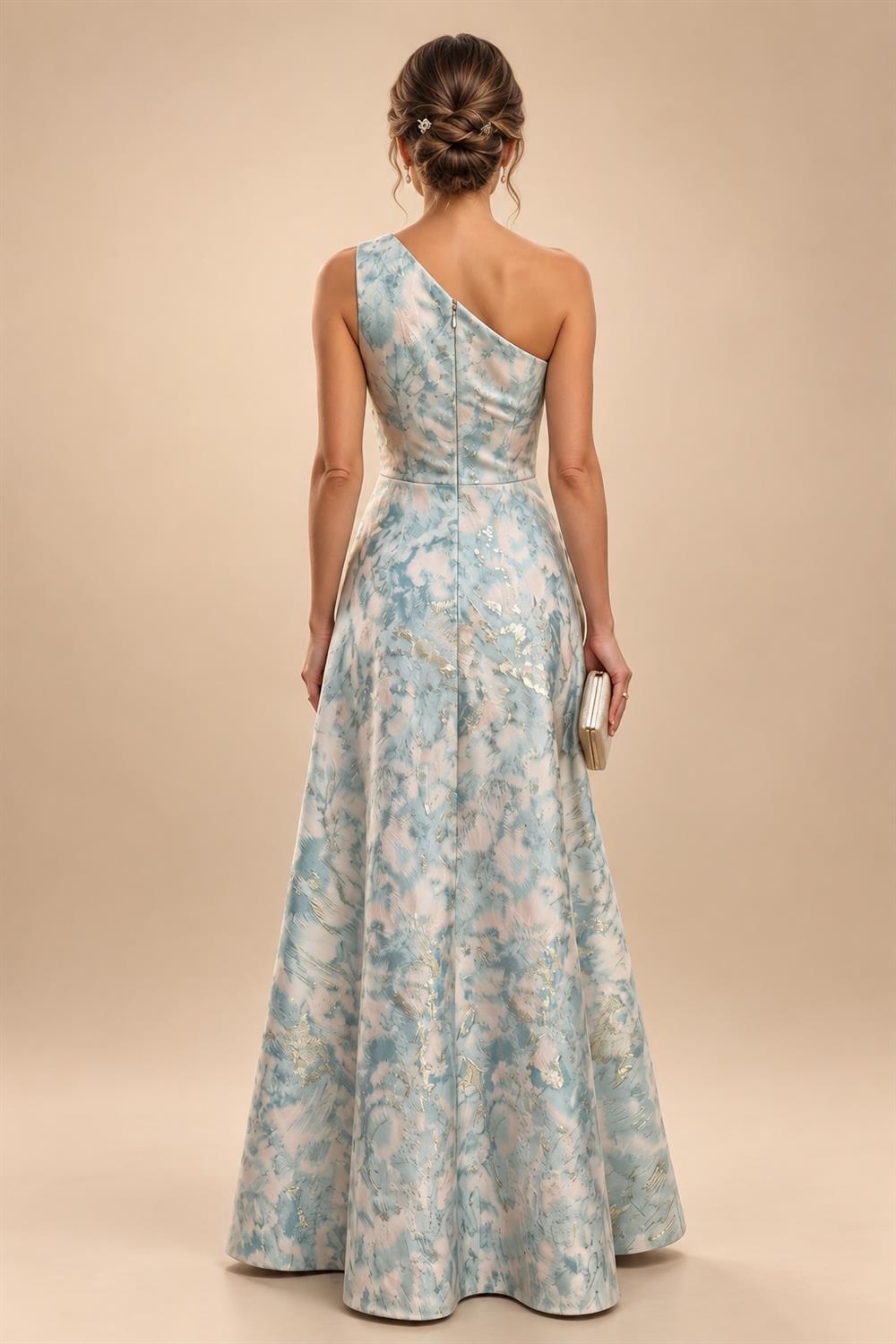 A-Line Satin V-Neck 3/4 Sleeve Mother of the Bride Dresses Floor-Length Ball Gown with Applique (SHI22500294)