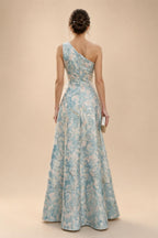 A-Line/Princess One Shoulder Chiffon Floor-Length Mother of the Bride & Groom Dresses with Lace Appliques, Sweep Train & Side Sash (SHI22501663)