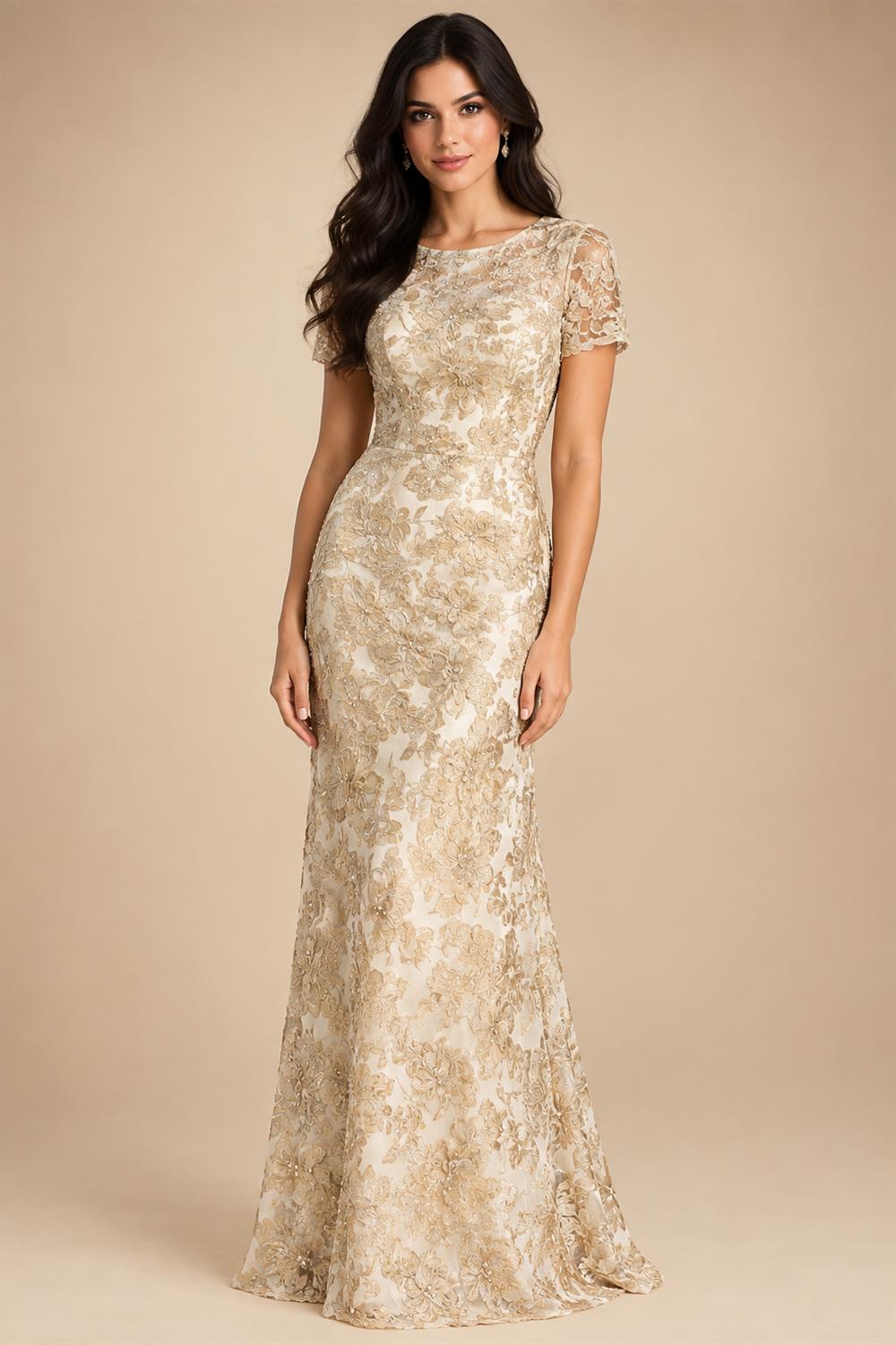 A-Line/Princess Jacquard V-Neck Floor-Length 3/4 Sleeves Mother of the Bride & Groom Dresses with Ruched Waist & Pockets