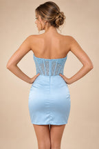 Satin Bodycon Strapless Short Homecoming Dresses with Corset Bodice & Sash (SHI22370318)