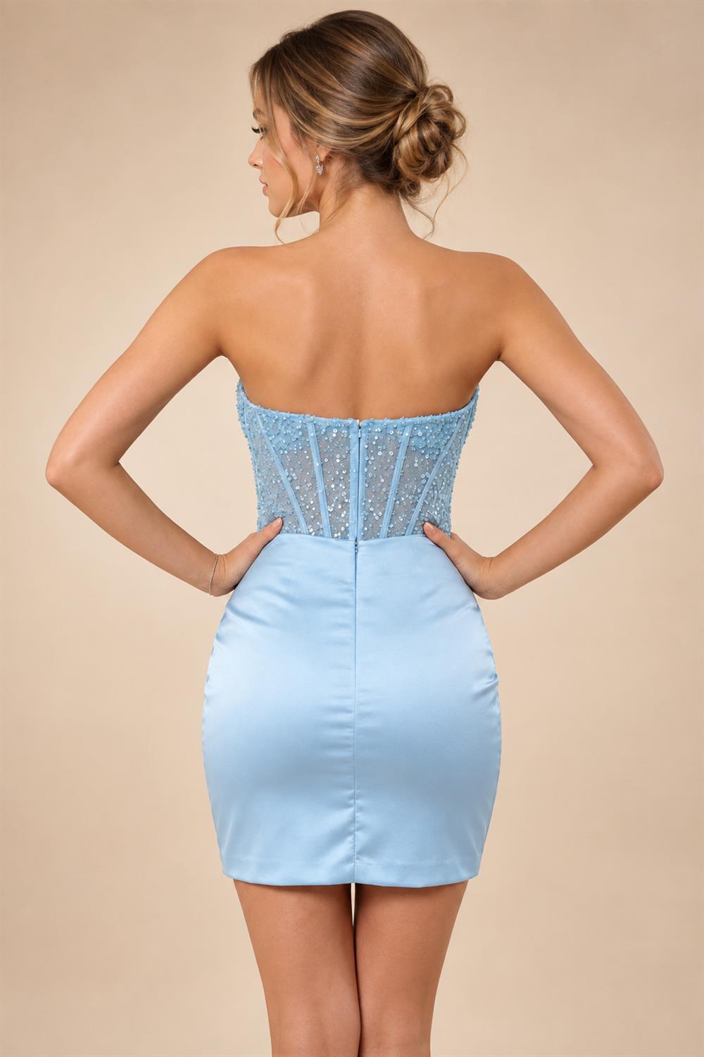 Satin Bodycon Strapless Short Homecoming Dresses with Corset Bodice & Sash (SHI22370318)