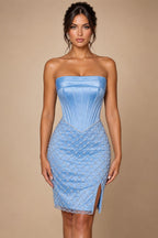 Satin Bodycon Strapless Short Homecoming Dresses with Corset Bodice & Sash (SHI22370318)