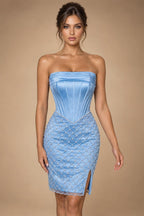 Satin Bodycon Strapless Short Homecoming Dresses with Corset Bodice & Sash (SHI22370318)
