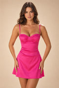 Satin A-Line/Princess Spaghetti Straps Short Homecoming Dresses with Ruched Waist (SHI22370238)