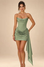 Satin Bodycon Strapless Short Homecoming Dresses with Corset Bodice & Sash (SHI22370318)