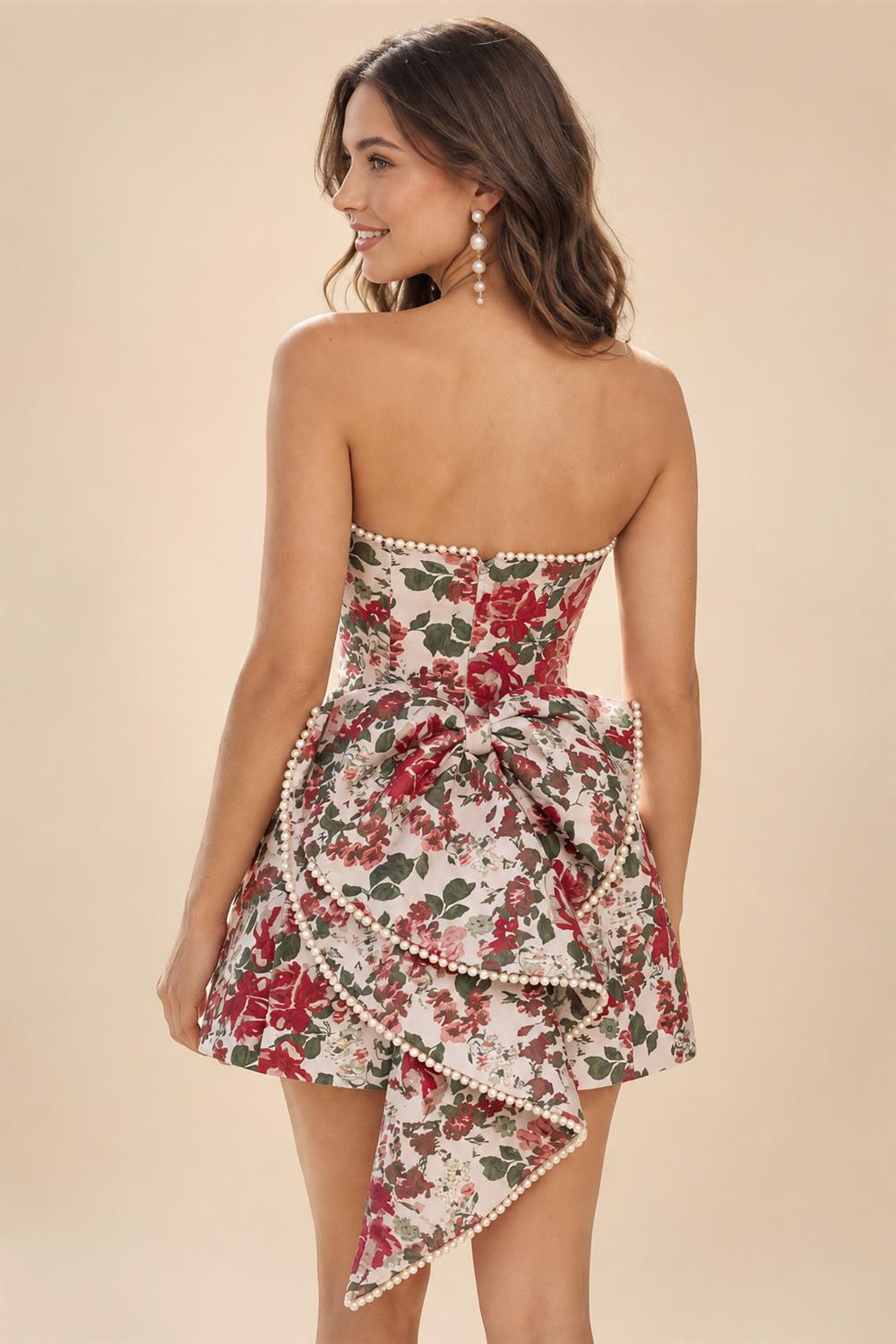 Jacquard A-Line/Princess Strapless Mini Homecoming Dresses with Bow & Pearls (SHI22370329)