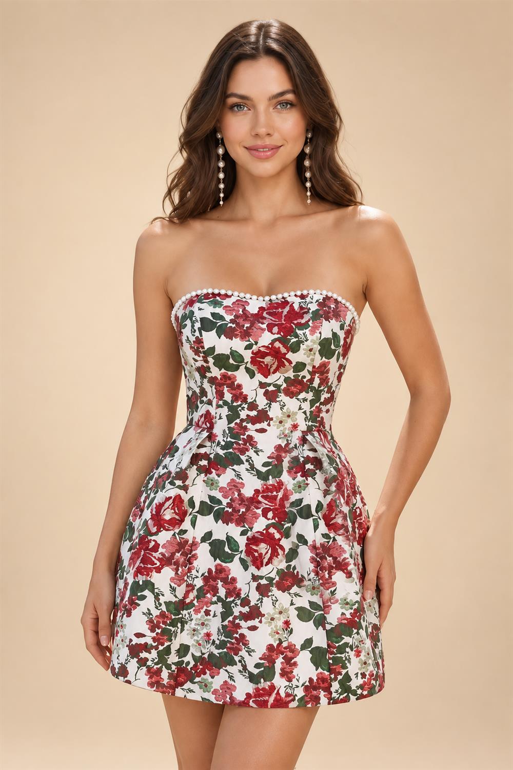 Jacquard A-Line/Princess Strapless Mini Homecoming Dresses with Bow & Pearls (SHI22370329)
