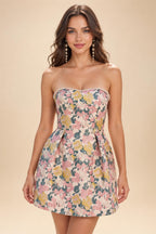 Jacquard A-Line/Princess Strapless Mini Homecoming Dresses with Bow & Pearls (SHI22370329)