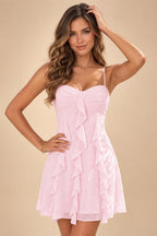 Chiffon A-Line/Princess Spaghetti Straps Mini Homecoming Dresses with Ruffles (SHI22370482)