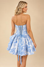 A-Line/Princess Strapless Jacquard Mini Homecoming Dresses with Bow & Pearls (SHI22370552)
