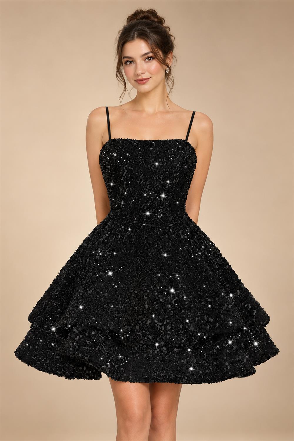 A-Line/Princess Mini Sparkly Sequin Tiered Homecoming Dresses with Spaghetti Straps (SHI22370561)