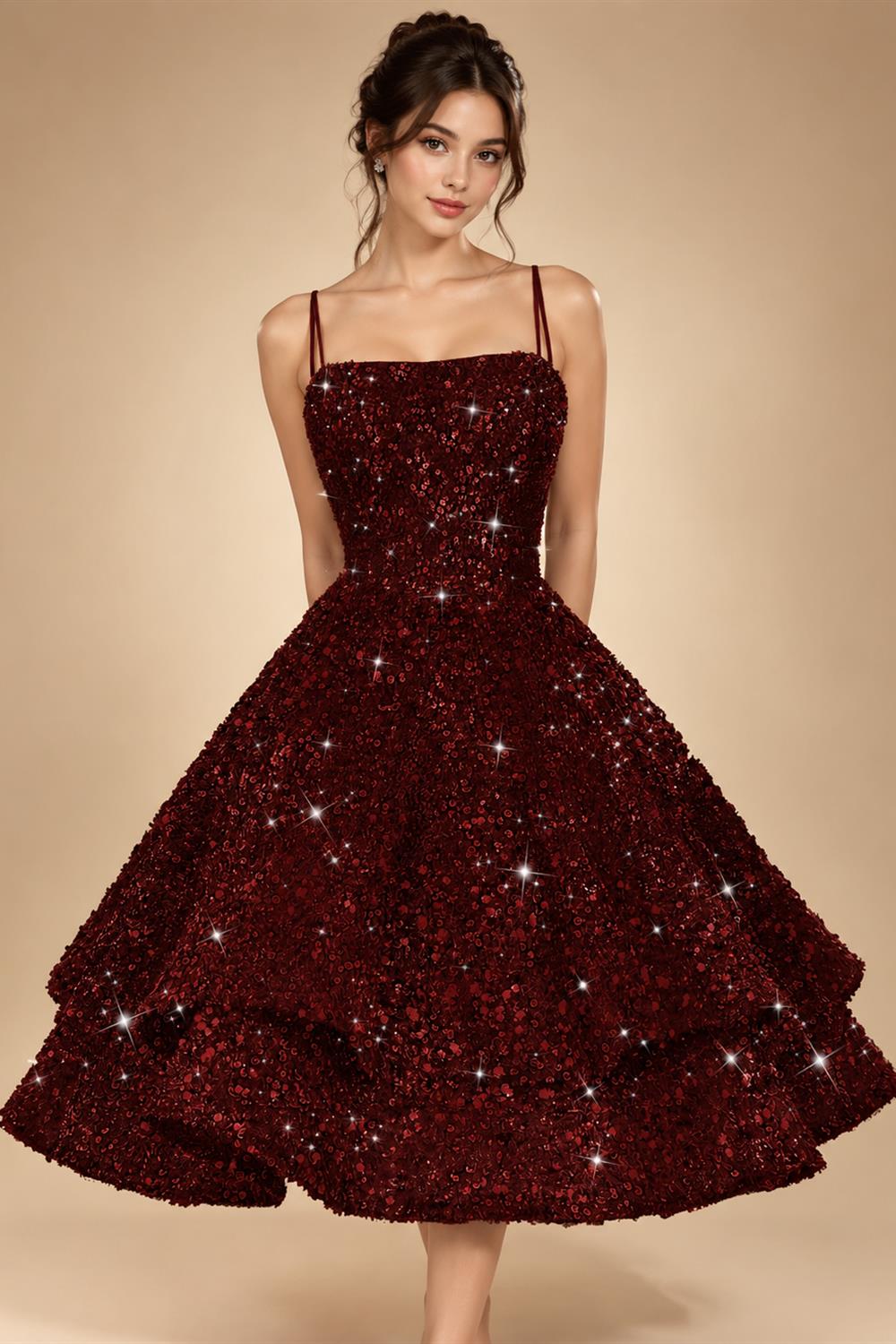 A-Line/Princess Mini Sparkly Sequin Tiered Homecoming Dresses with Spaghetti Straps (SHI22370561)