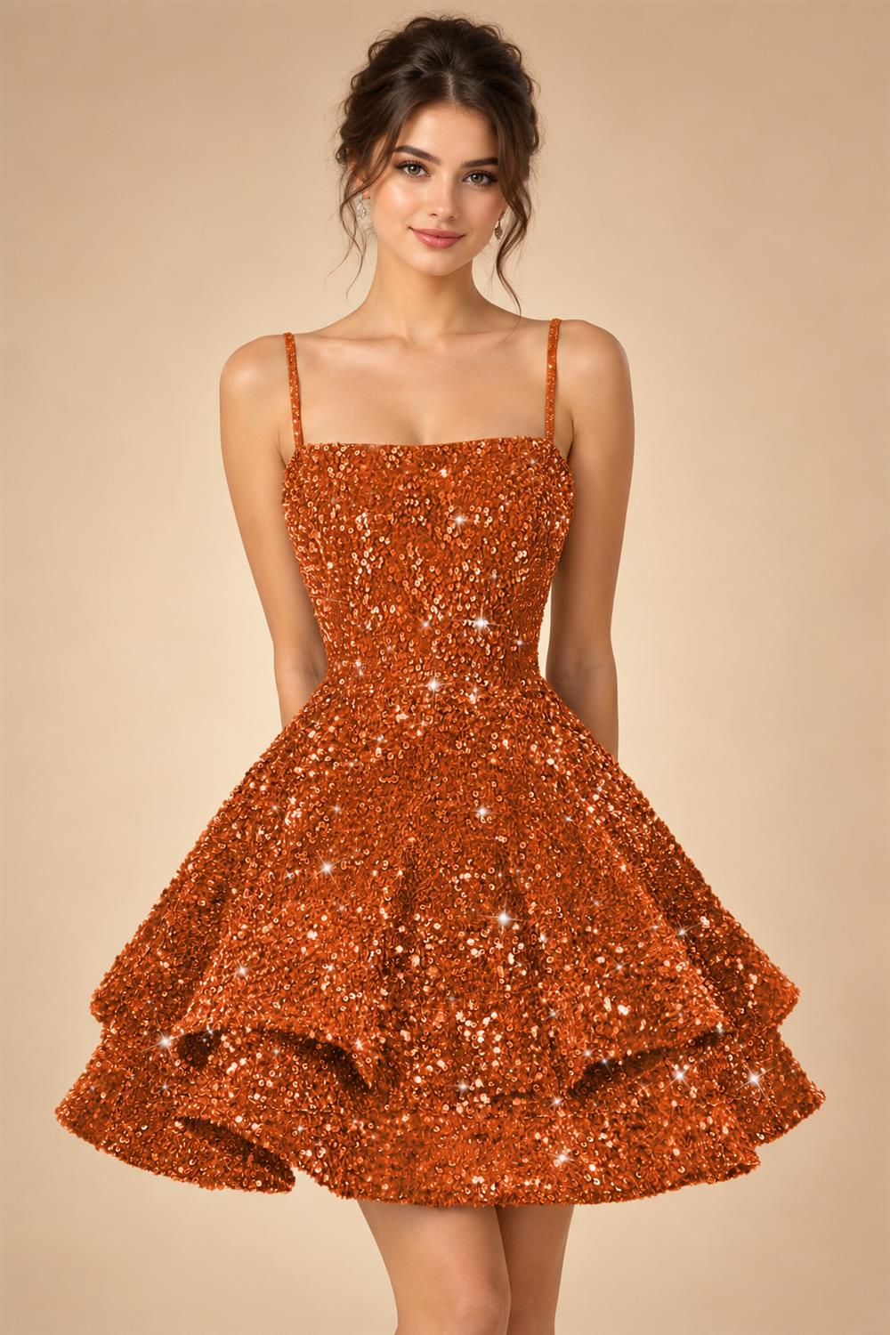 A-Line/Princess Mini Sparkly Sequin Tiered Homecoming Dresses with Spaghetti Straps (SHI22370561)
