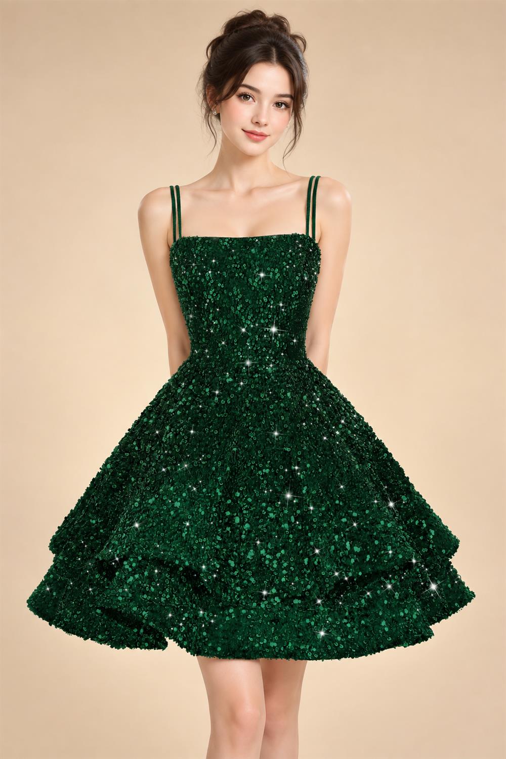 A-Line/Princess Mini Sparkly Sequin Tiered Homecoming Dresses with Spaghetti Straps (SHI22370561)