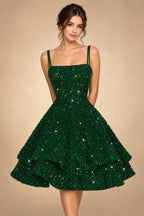A-Line/Princess Mini Sparkly Sequin Tiered Homecoming Dresses with Spaghetti Straps (SHI22370561)
