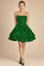A-Line/Princess Mini Sparkly Sequin Tiered Homecoming Dresses with Spaghetti Straps (SHI22370561)