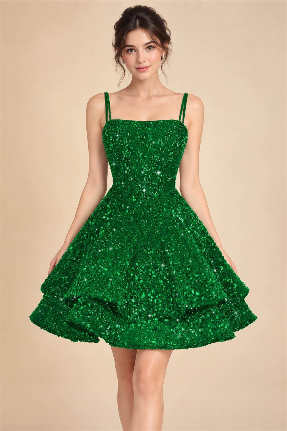 A-Line/Princess Mini Sparkly Sequin Tiered Homecoming Dresses with Spaghetti Straps (SHI22370561)