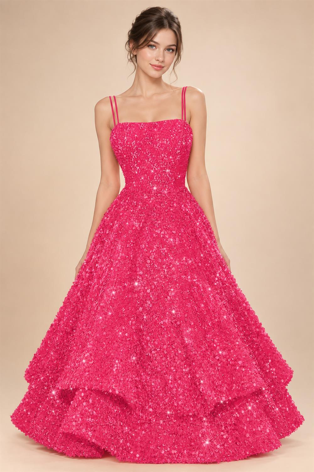 A-Line/Princess Mini Sparkly Sequin Tiered Homecoming Dresses with Spaghetti Straps (SHI22370561)
