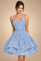 A-Line/Princess Mini Sparkly Sequin Tiered Homecoming Dresses with Spaghetti Straps (SHI22370561)