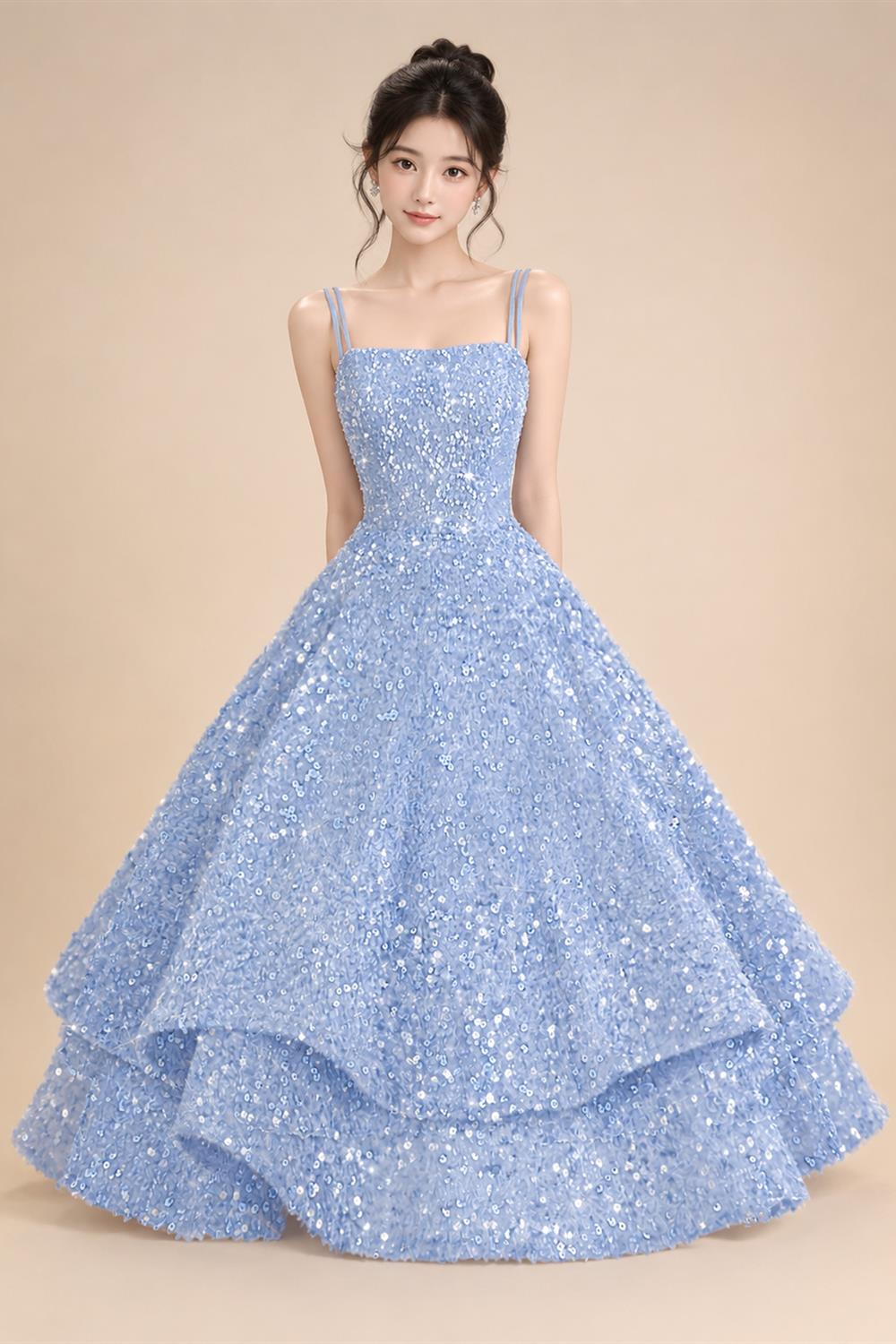 A-Line/Princess Mini Sparkly Sequin Tiered Homecoming Dresses with Spaghetti Straps (SHI22370561)