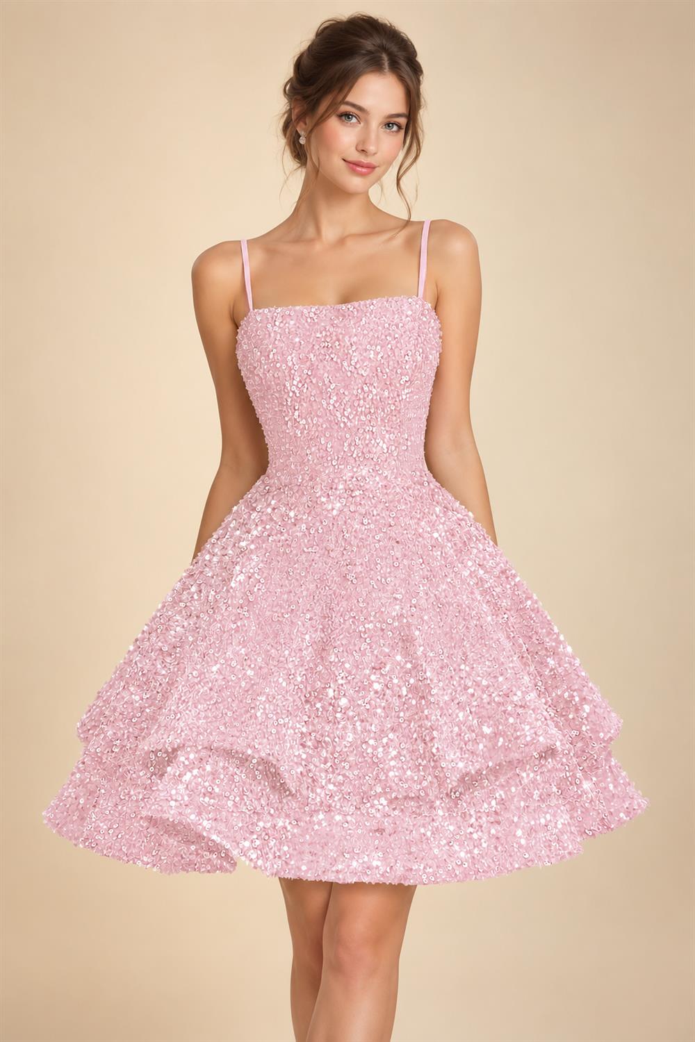 A-Line/Princess Mini Sparkly Sequin Tiered Homecoming Dresses with Spaghetti Straps (SHI22370561)