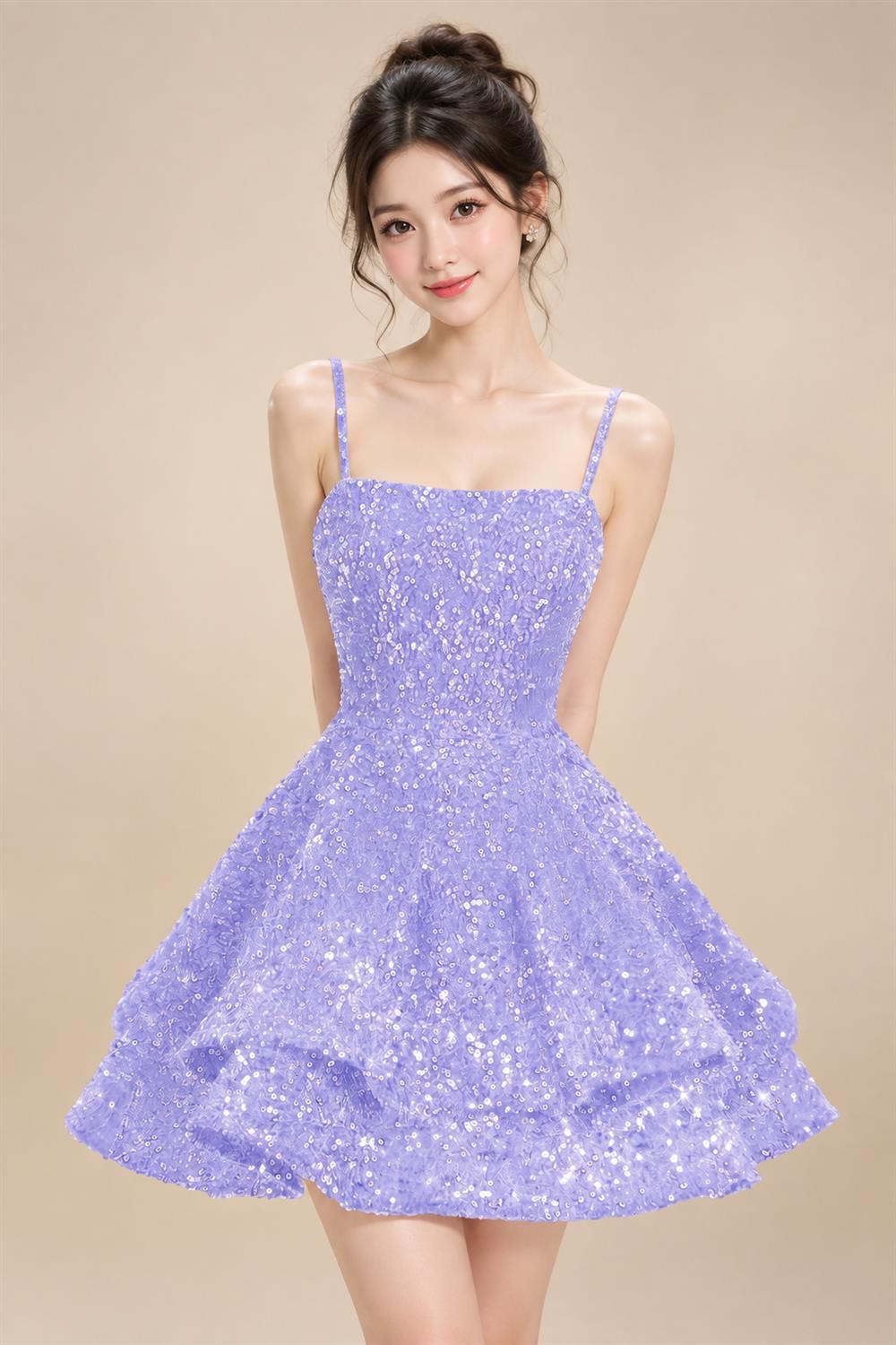 A-Line/Princess Mini Sparkly Sequin Tiered Homecoming Dresses with Spaghetti Straps (SHI22370561)