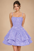 A-Line/Princess Mini Sparkly Sequin Tiered Homecoming Dresses with Spaghetti Straps (SHI22370561)