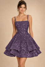 A-Line/Princess Mini Sparkly Sequin Tiered Homecoming Dresses with Spaghetti Straps (SHI22370561)