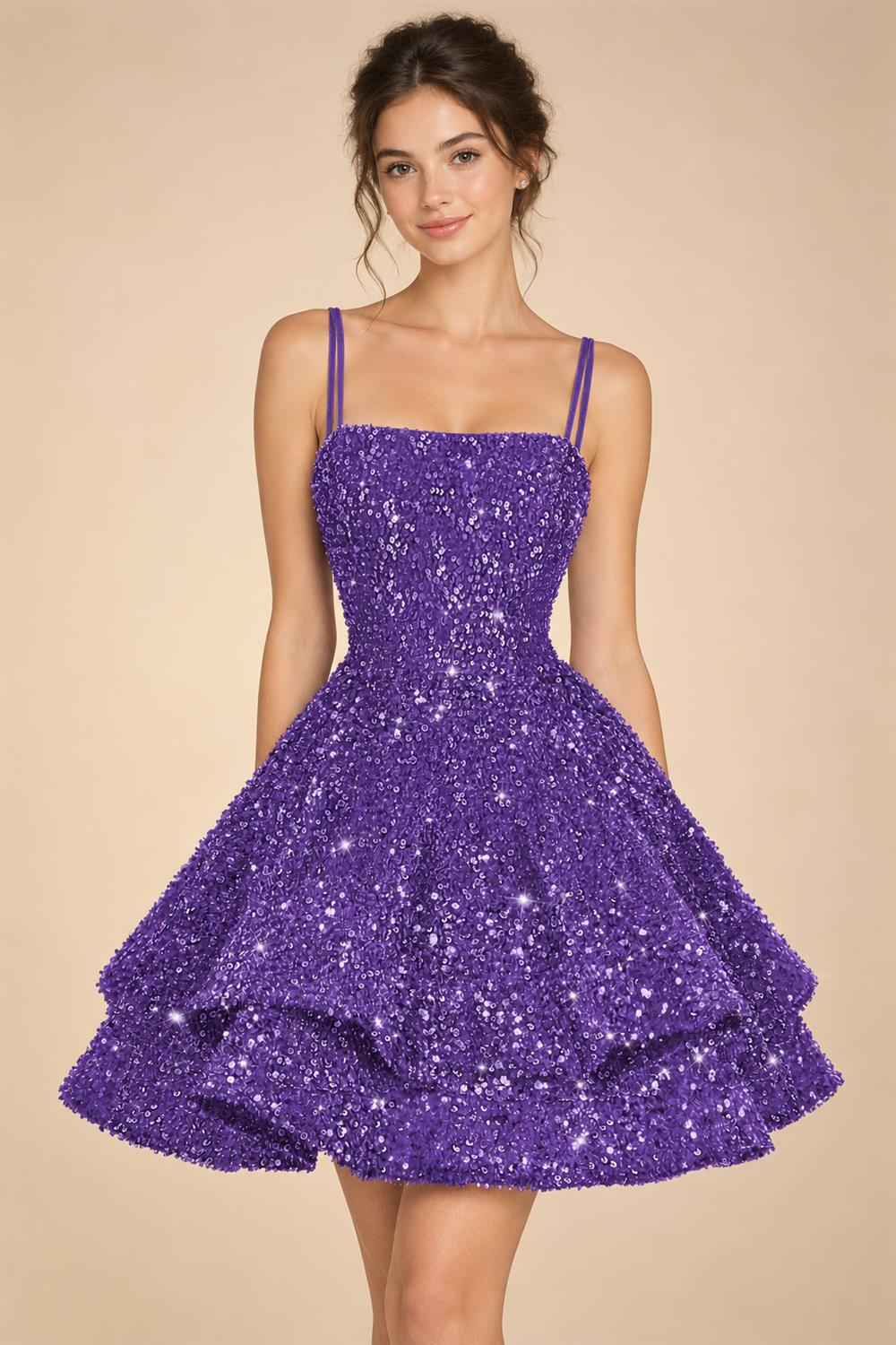 A-Line/Princess Mini Sparkly Sequin Tiered Homecoming Dresses with Spaghetti Straps (SHI22370561)