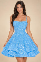 A-Line/Princess Mini Sparkly Sequin Tiered Homecoming Dresses with Spaghetti Straps (SHI22370561)