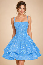 A-Line/Princess Mini Sparkly Sequin Tiered Homecoming Dresses with Spaghetti Straps (SHI22370561)