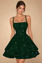 A-Line/Princess Mini Sparkly Sequin Tiered Homecoming Dresses with Spaghetti Straps (SHI22370561)