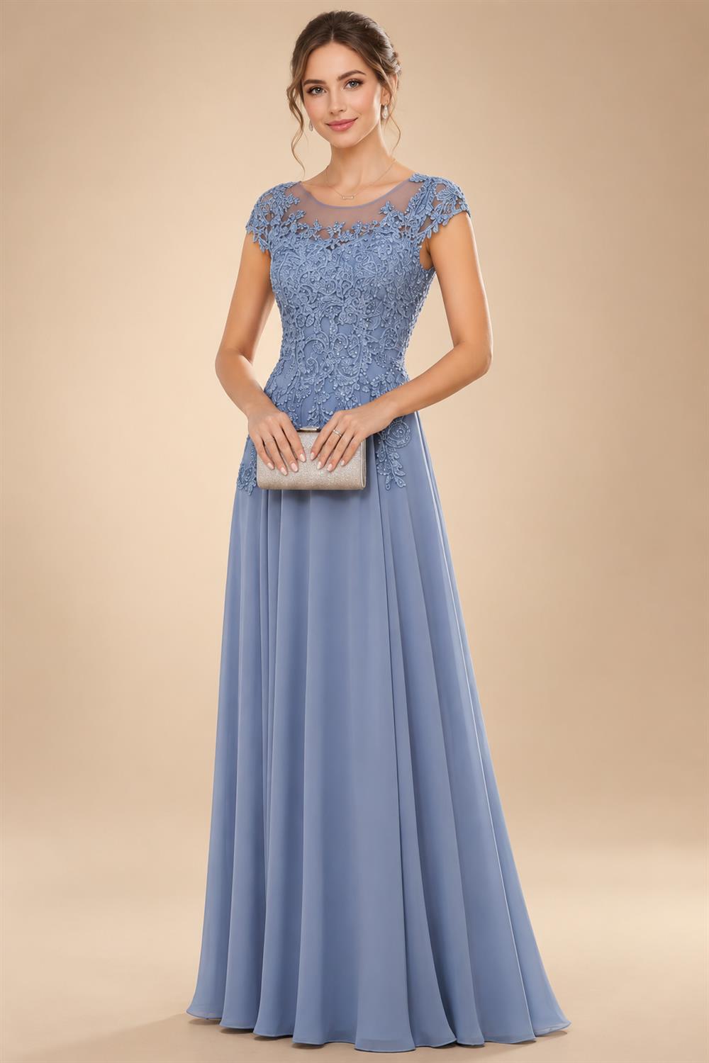 A-Line/Princess Scoop Neck Cap Sleeve Floor-Length Mother of the Bride Dresses with Lace Applique (SHI22500008)