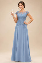 A-Line/Princess Scoop Neck Cap Sleeve Floor-Length Mother of the Bride Dresses with Lace Applique (SHI22500008)