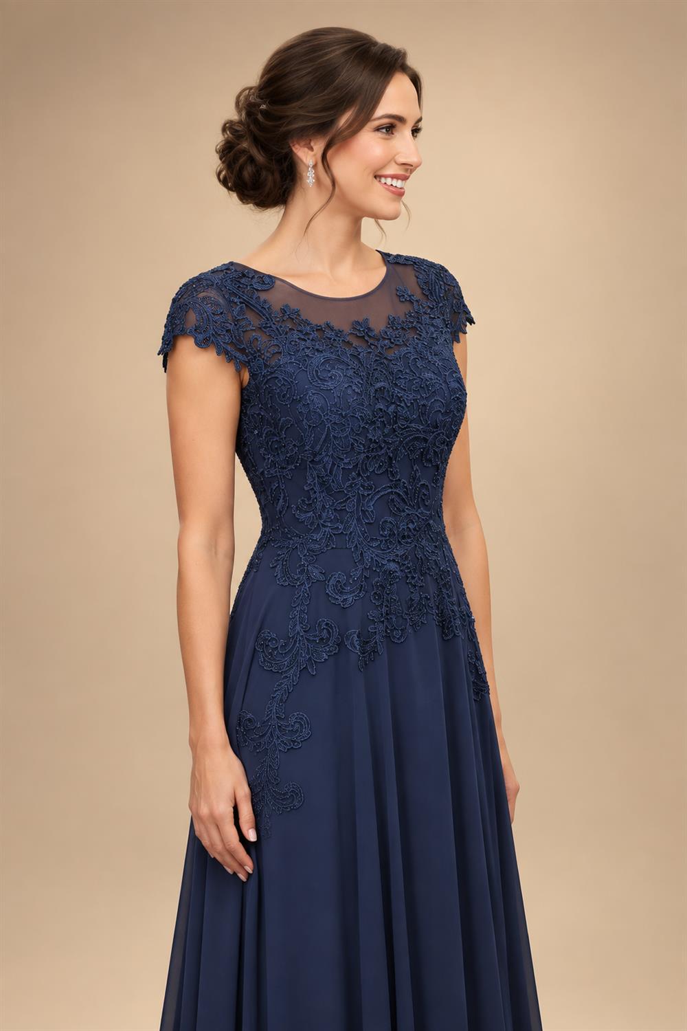 A-Line/Princess Scoop Neck Cap Sleeve Floor-Length Mother of the Bride Dresses with Lace Applique (SHI22500008)