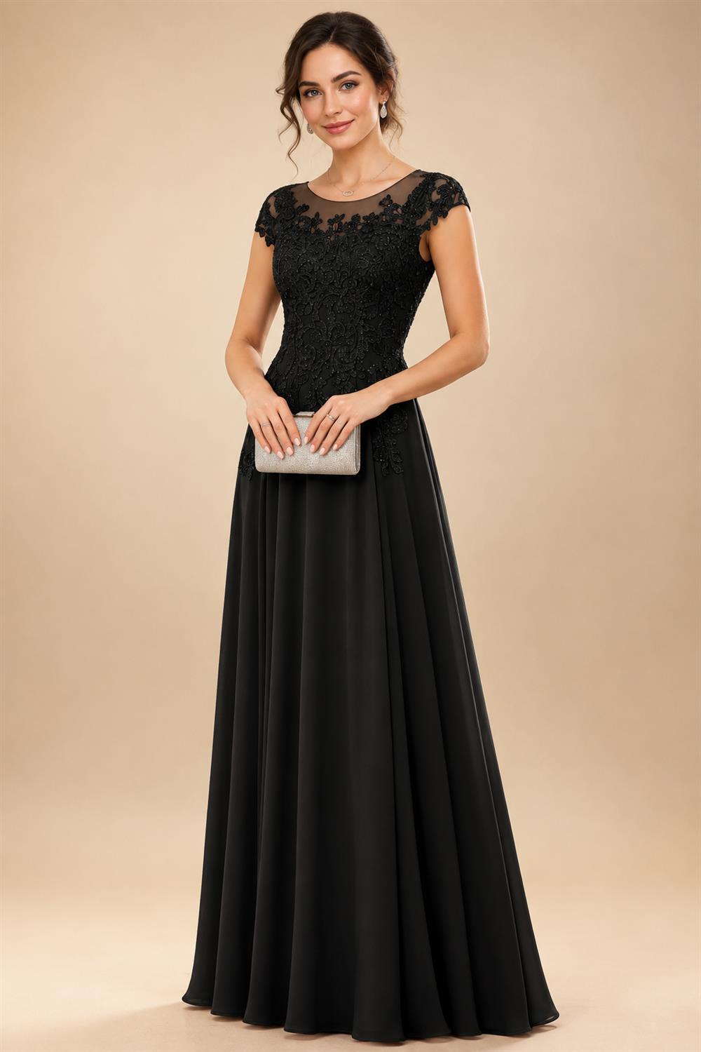 A-Line/Princess Scoop Neck Cap Sleeve Floor-Length Mother of the Bride Dresses with Lace Applique (SHI22500008)