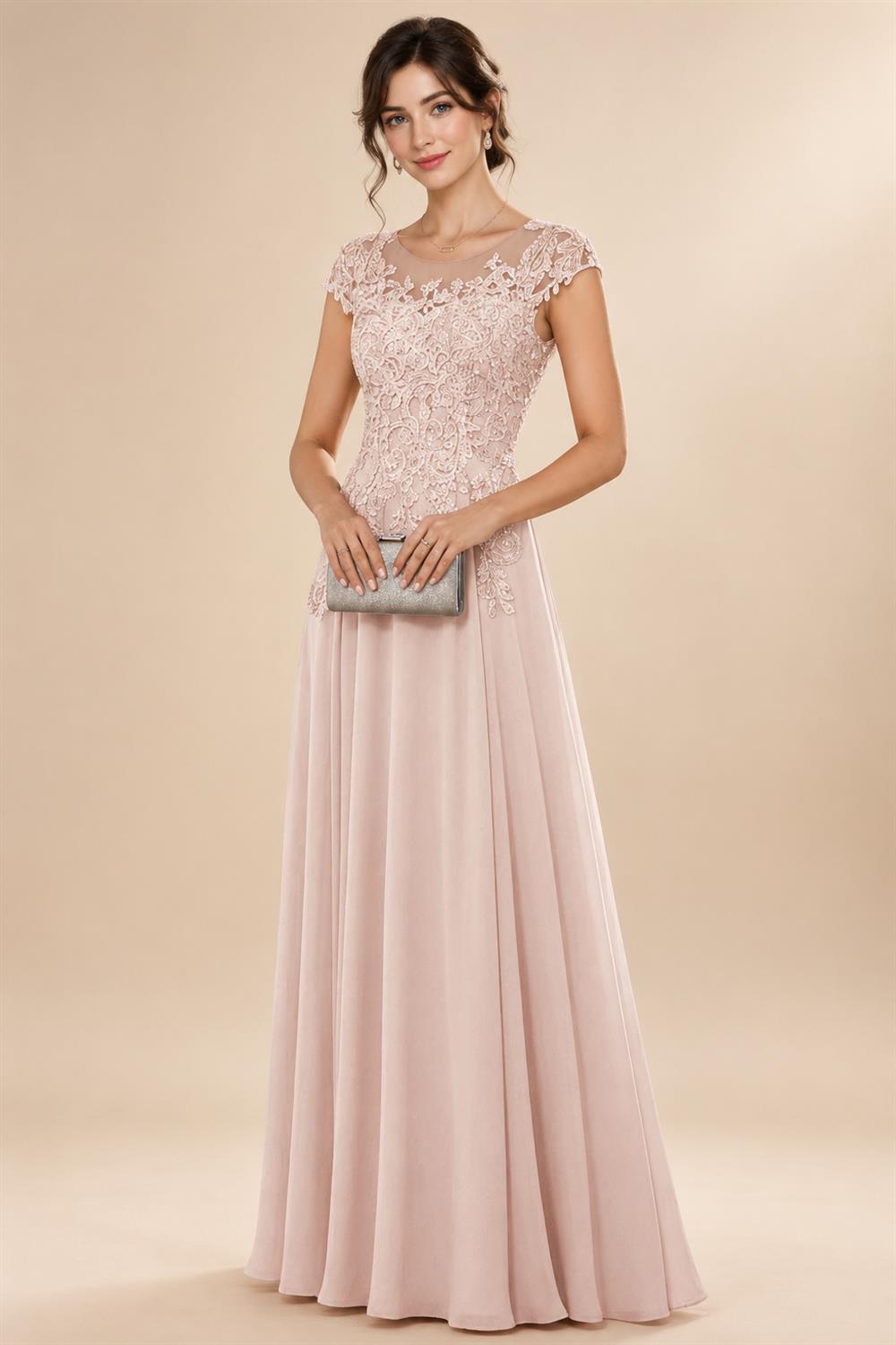 A-Line/Princess Scoop Neck Cap Sleeve Floor-Length Mother of the Bride Dresses with Lace Applique (SHI22500008)