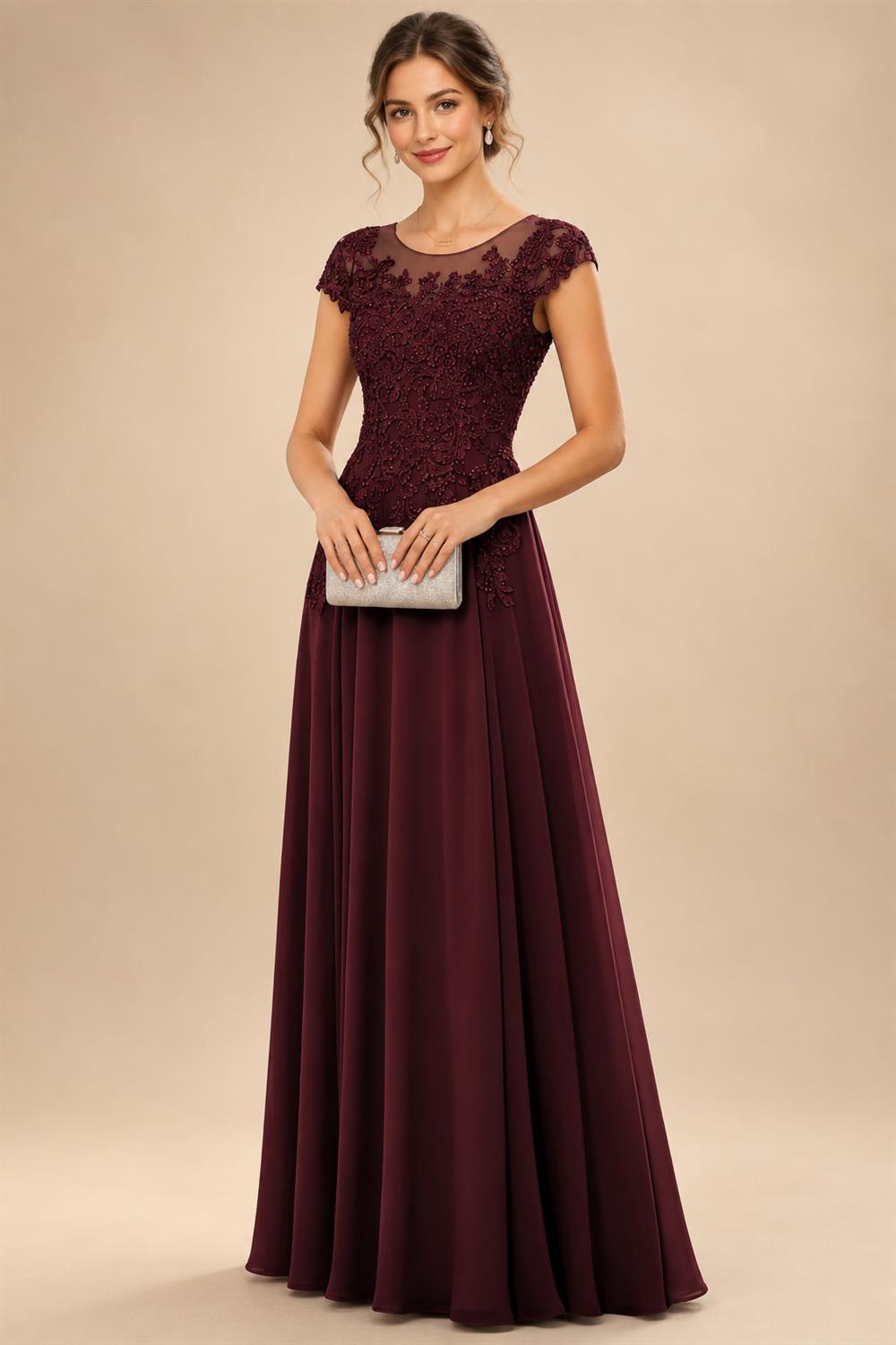 A-Line/Princess Scoop Neck Cap Sleeve Floor-Length Mother of the Bride Dresses with Lace Applique (SHI22500008)