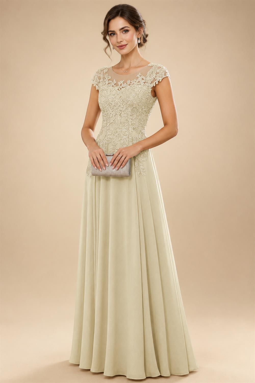 A-Line/Princess Scoop Neck Cap Sleeve Floor-Length Mother of the Bride Dresses with Lace Applique (SHI22500008)