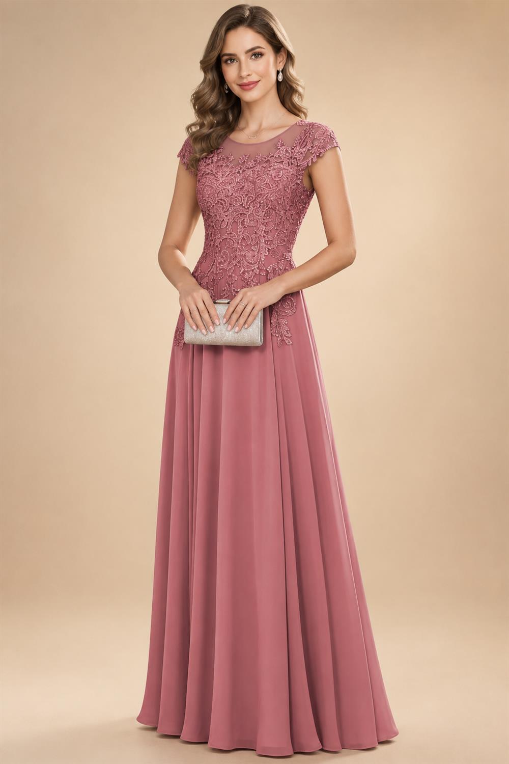 A-Line/Princess Scoop Neck Cap Sleeve Floor-Length Mother of the Bride Dresses with Lace Applique (SHI22500008)